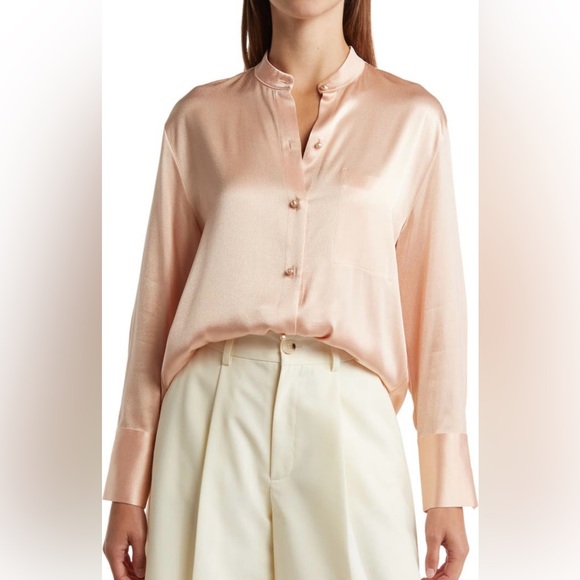 Vince Relaxed band collar button up shirt-long sleeves-large color peach Opal - Picture 3 of 8